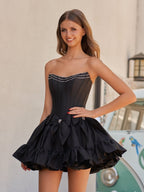 Strapless Black Beaded Short Homecoming Dress with Bow - Curvevia