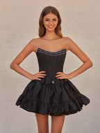 Strapless Black Beaded Short Homecoming Dress with Bow - Curvevia