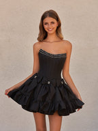 Strapless Black Beaded Short Homecoming Dress with Bow - Curvevia