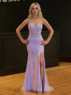 Mermaid Strapless Corset Lace Evening Dress with Slit - Curvevia