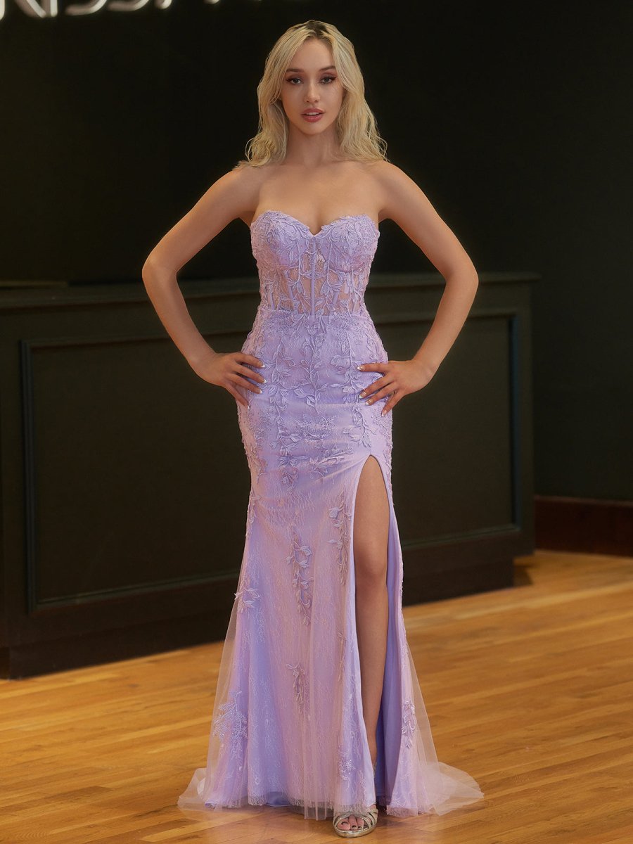 Mermaid Strapless Corset Lace Evening Dress with Slit - Curvevia
