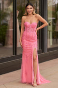 Mermaid Strapless Corset Lace Evening Dress with Slit - Curvevia