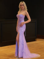 Mermaid Strapless Corset Lace Evening Dress with Slit - Curvevia