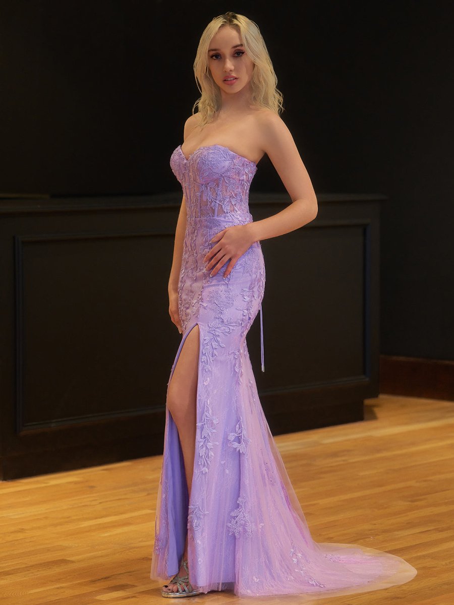 Mermaid Strapless Corset Lace Evening Dress with Slit - Curvevia
