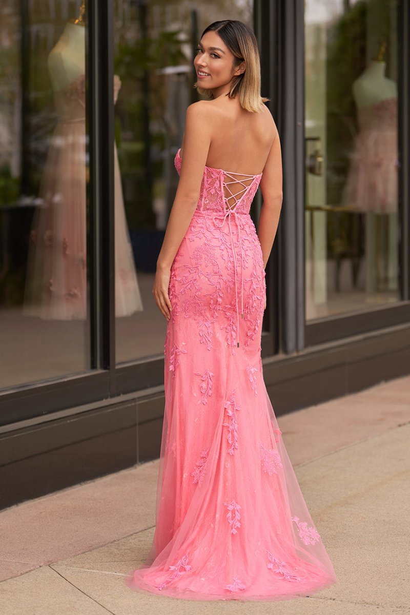 Mermaid Strapless Corset Lace Evening Dress with Slit - Curvevia