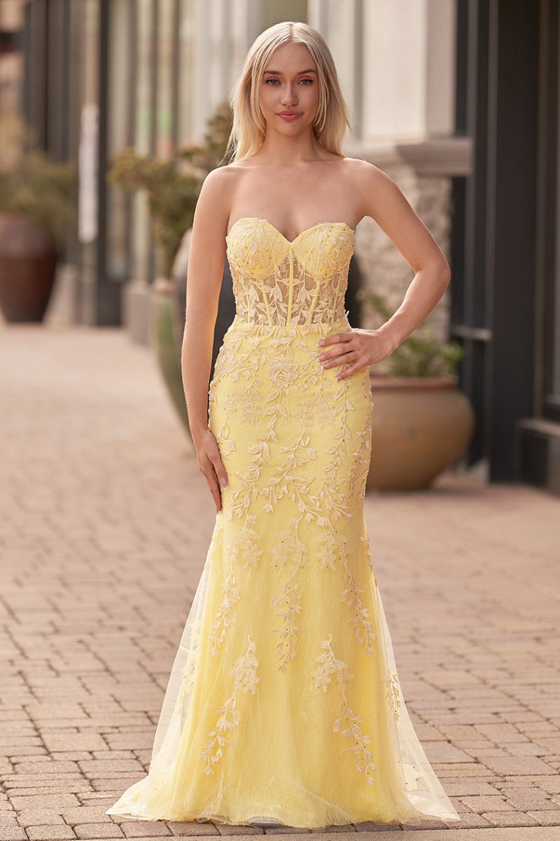 Mermaid Strapless Corset Lace Evening Dress with Slit - Curvevia