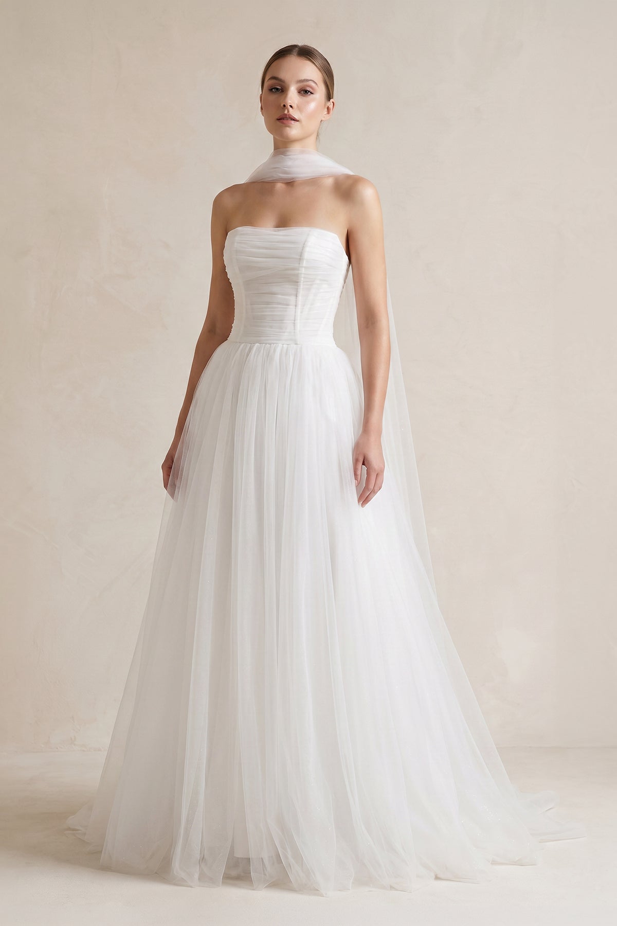 Strapless Chiffon A-Line Pleated Scarf Wedding Dress in Ivory - Curvevia