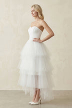 White Classic Strapless Satin High Low Wedding Dress - Curvevia