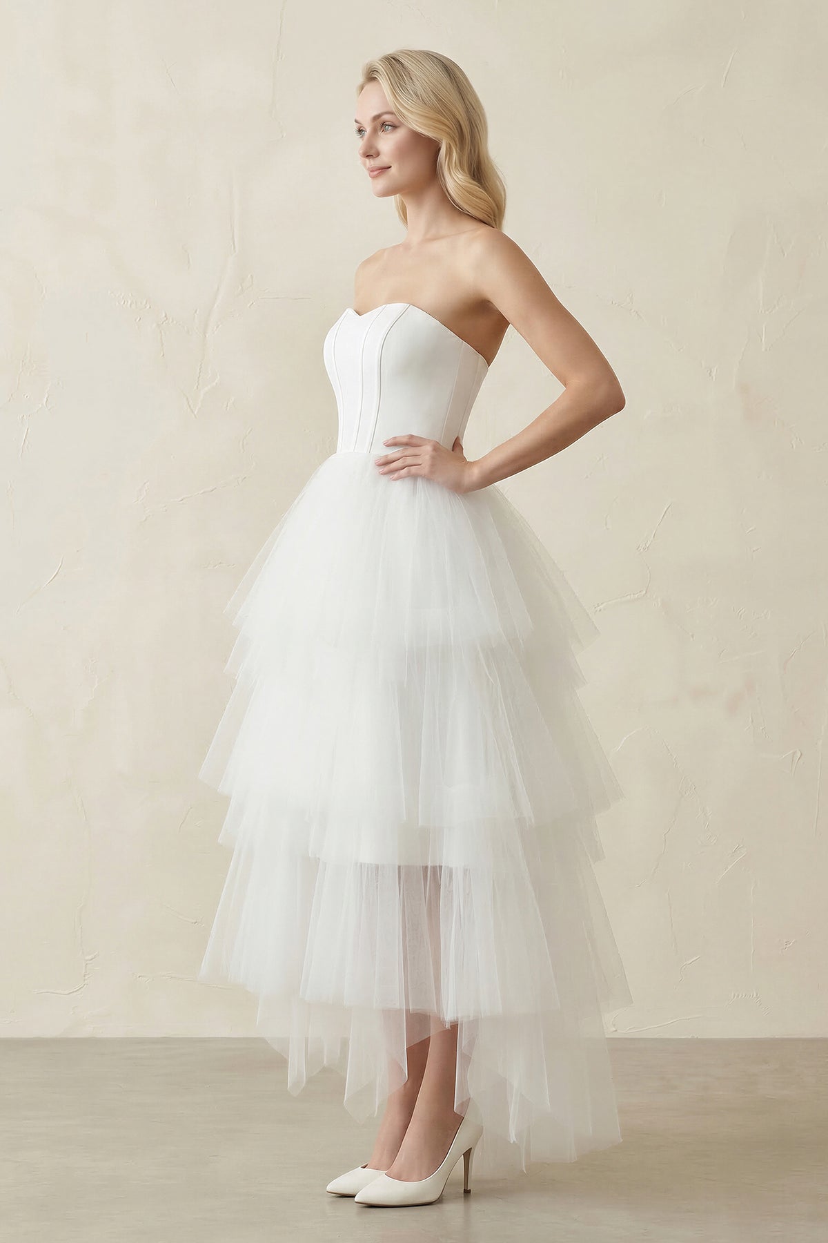 White Classic Strapless Satin High Low Wedding Dress - Curvevia
