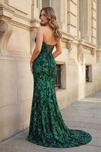 Fuchsia Strapless Sequins Lace Mermaid Evening Dress with Slit - Curvevia
