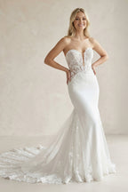 Lace White Strapless Appliques Mermaid Long Wedding Dress - Curvevia