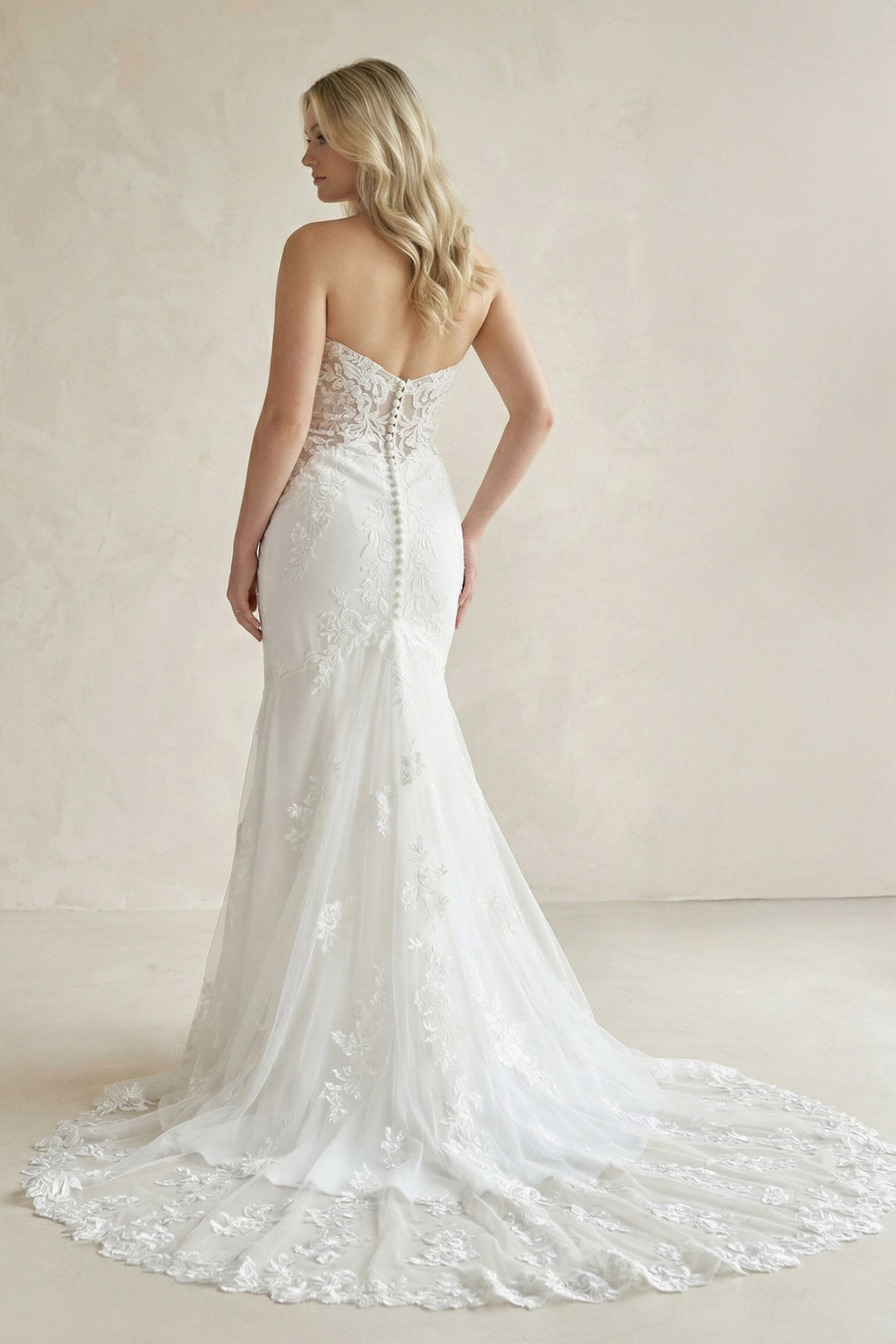 Lace White Strapless Appliques Mermaid Long Wedding Dress - Curvevia