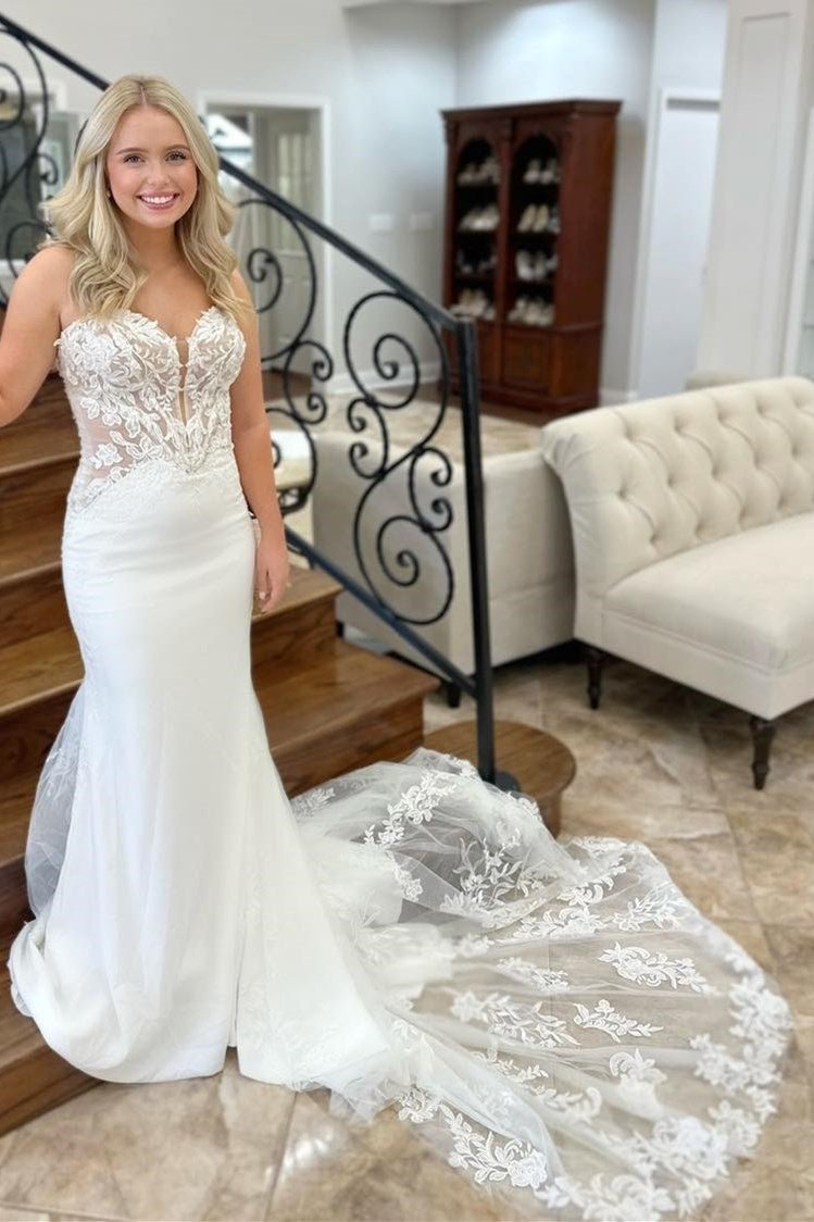 Lace White Strapless Appliques Mermaid Long Wedding Dress - Curvevia