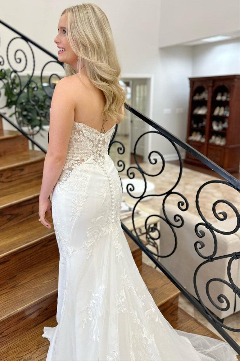 Lace White Strapless Appliques Mermaid Long Wedding Dress - Curvevia