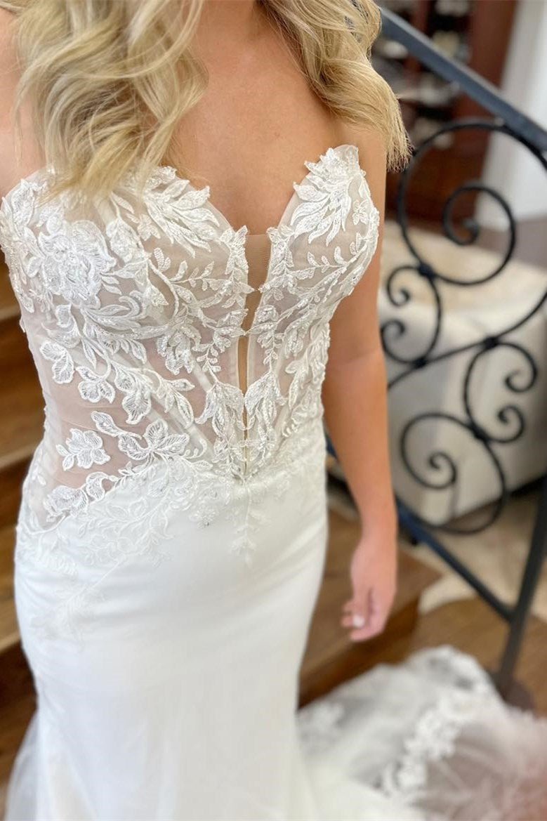 Lace White Strapless Appliques Mermaid Long Wedding Dress - Curvevia