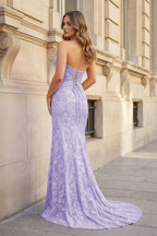 Fuchsia Strapless Sequins Lace Mermaid Evening Dress with Slit - Curvevia