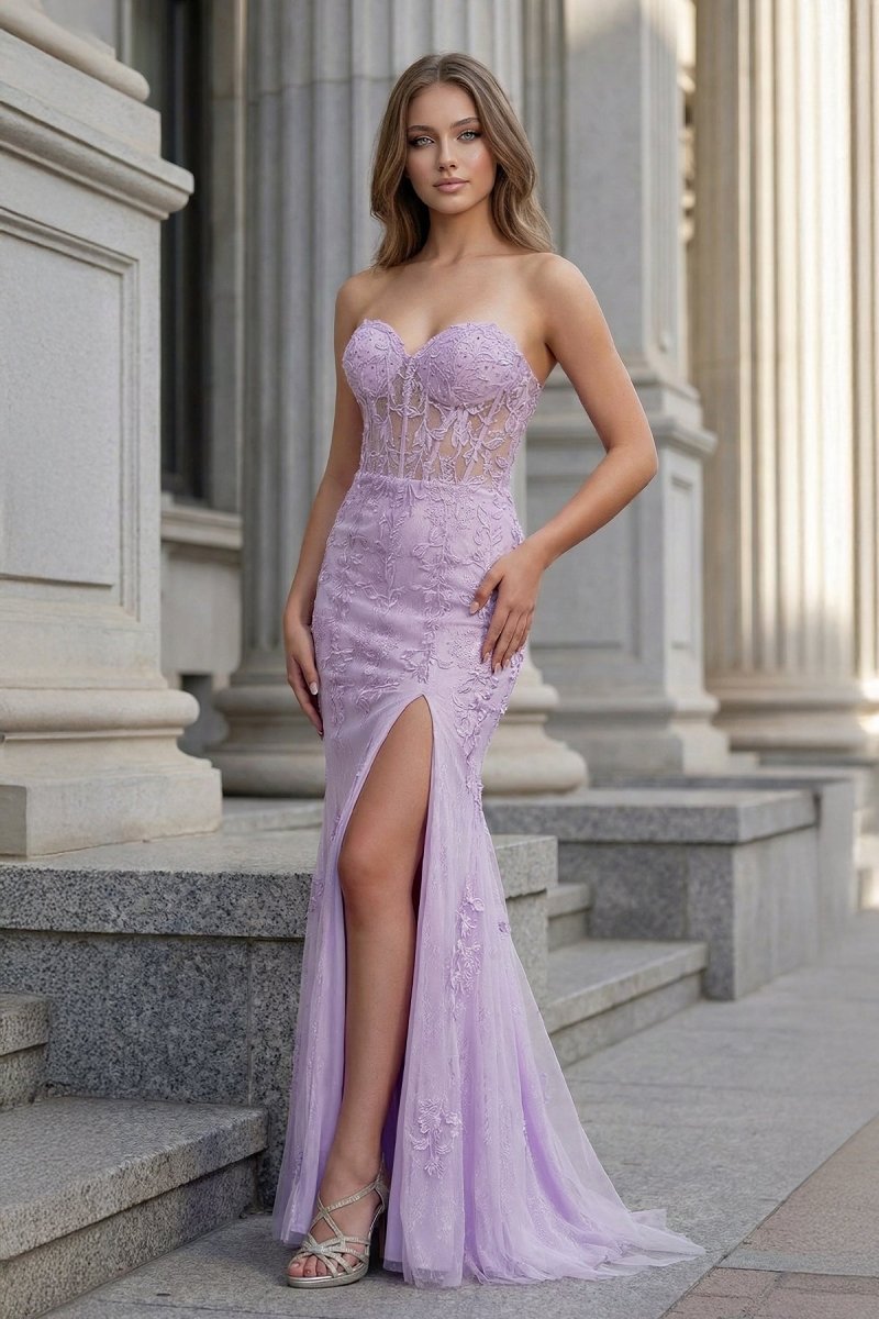 Mermaid Strapless Corset Lace Evening Dress with Slit - Curvevia