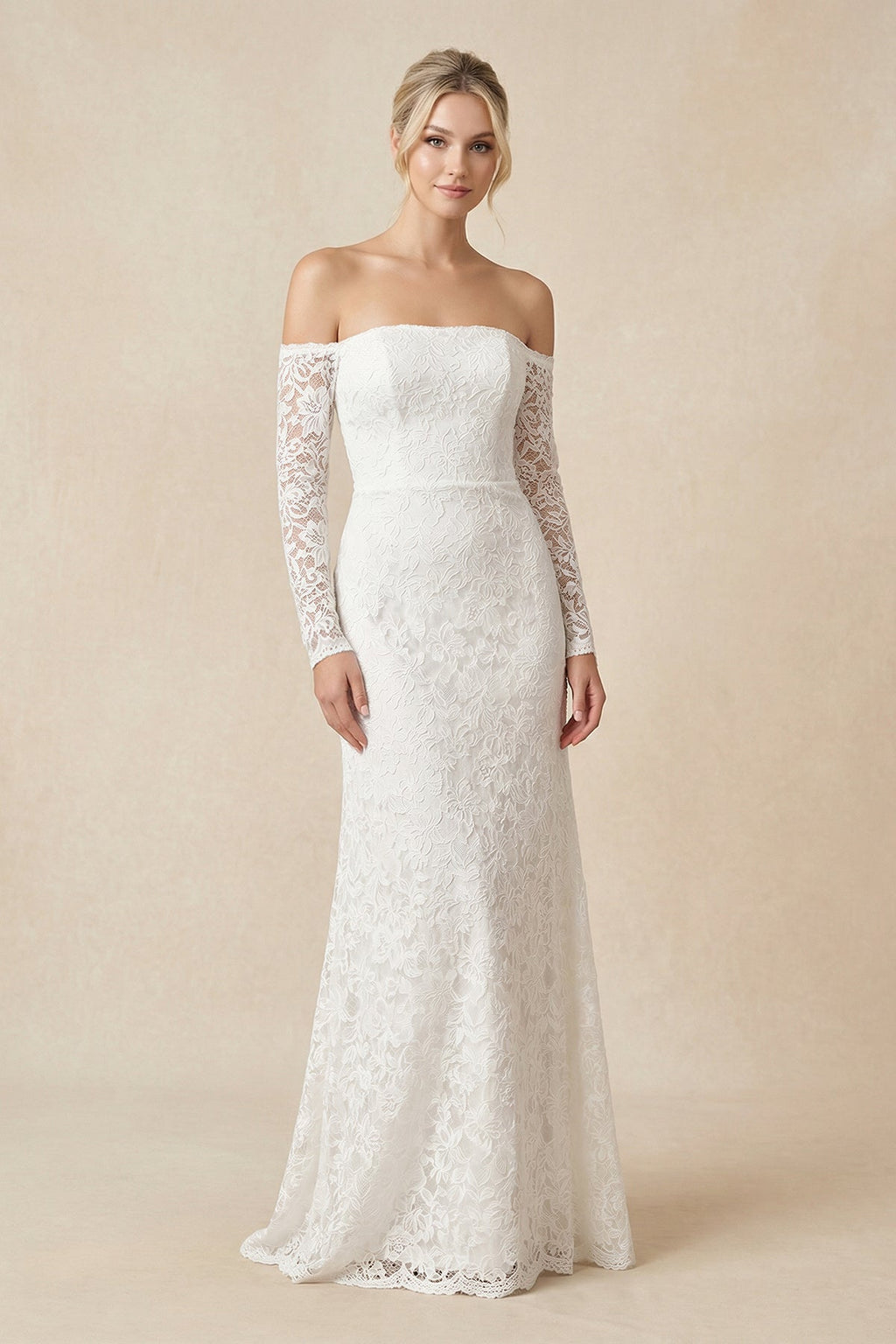 Strapless Long Sleeve A-Line Maternity Lace Wedding Dress with Train - Curvevia