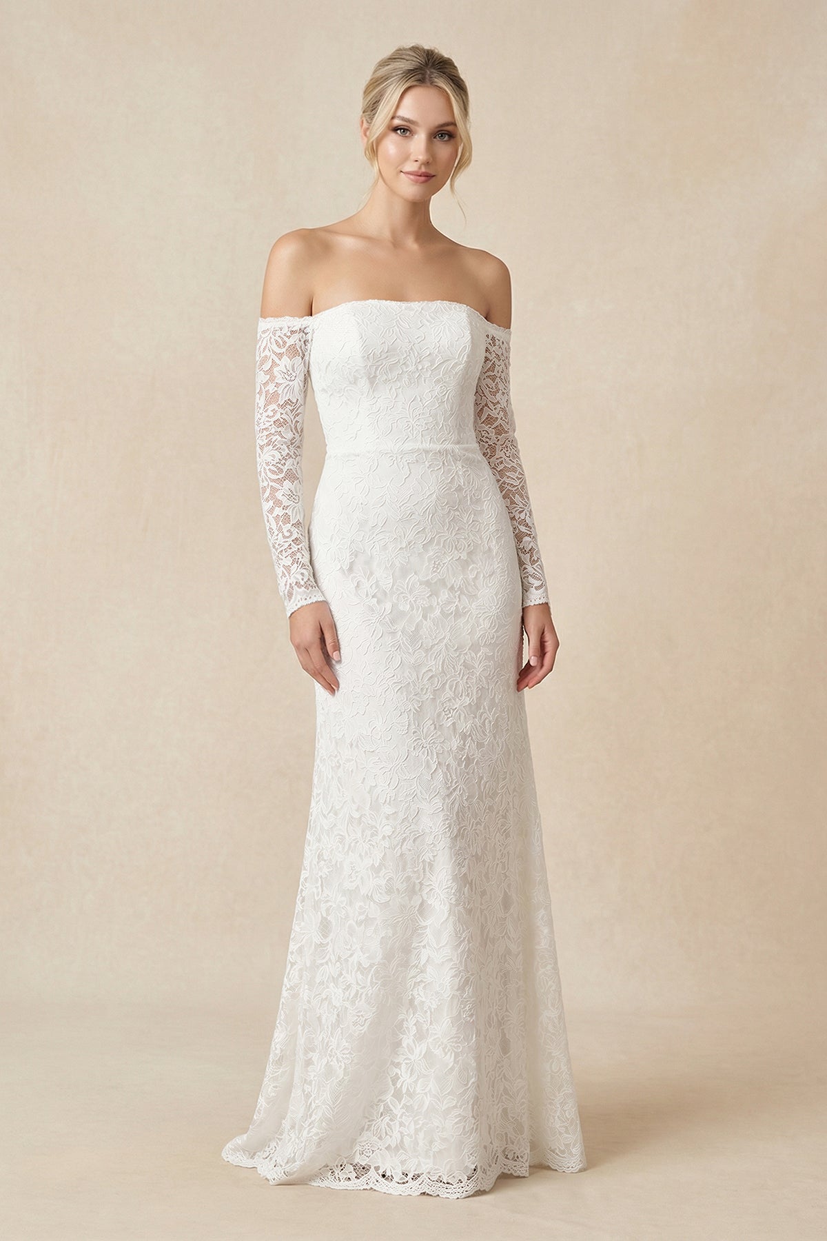 Strapless Long Sleeve A-Line Maternity Lace Wedding Dress with Train - Curvevia