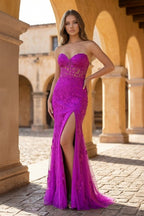 Mermaid Strapless Corset Lace Evening Dress with Slit - Curvevia