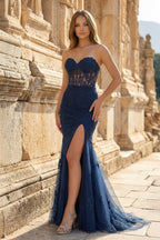 Mermaid Strapless Corset Lace Evening Dress with Slit - Curvevia