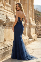 Mermaid Strapless Corset Lace Evening Dress with Slit - Curvevia