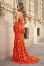 Fuchsia Strapless Sequins Lace Mermaid Evening Dress with Slit - Curvevia