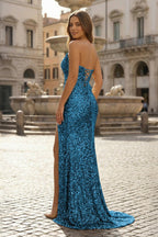 Sparkly Golden Sheath Sequins Long Evening Dress with Slit - Curvevia
