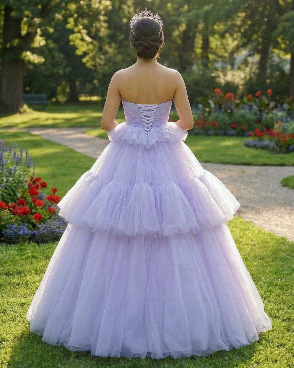 Strapless Pleated Tulle  Floor Length Tiered A Line Prom Dress - Curvevia