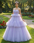 Strapless Pleated Tulle  Floor Length Tiered A Line Prom Dress - Curvevia