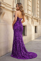 Fuchsia Strapless Sequins Lace Mermaid Evening Dress with Slit - Curvevia