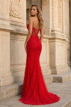 Mermaid Strapless Corset Lace Evening Dress with Slit - Curvevia