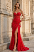 Mermaid Strapless Corset Lace Evening Dress with Slit - Curvevia