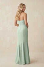 Strapless Ruched Sheath Satin Bridesmaid Dress With Slit in Matcha - Curvevia