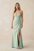 Strapless Ruched Sheath Satin Bridesmaid Dress With Slit in Matcha - Curvevia