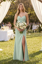 Strapless Ruched Sheath Satin Bridesmaid Dress With Slit in Matcha - Curvevia