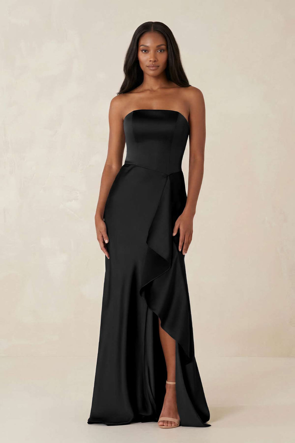 Strapless Ruffled Sheath Satin Bridesmaid Dress in Black - Curvevia