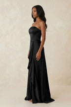 Strapless Ruffled Sheath Satin Bridesmaid Dress in Black - Curvevia