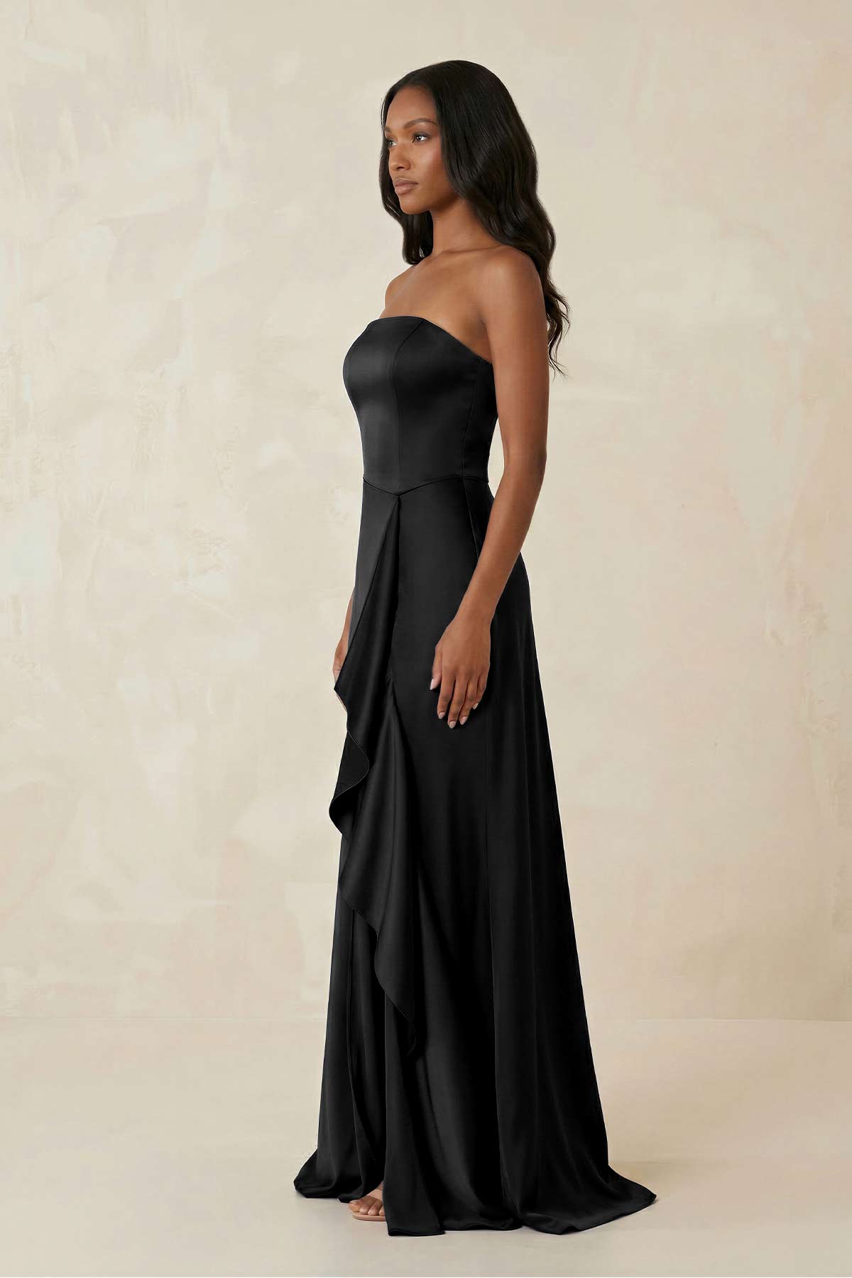 Strapless Ruffled Sheath Satin Bridesmaid Dress in Black - Curvevia