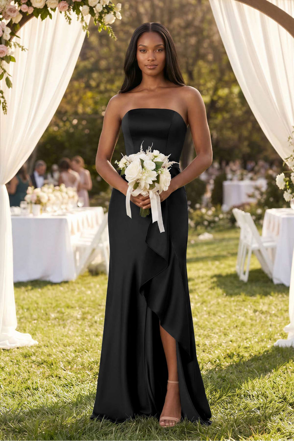 Strapless Ruffled Sheath Satin Bridesmaid Dress in Black - Curvevia