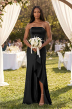 Strapless Ruffled Sheath Satin Bridesmaid Dress in Black - Curvevia