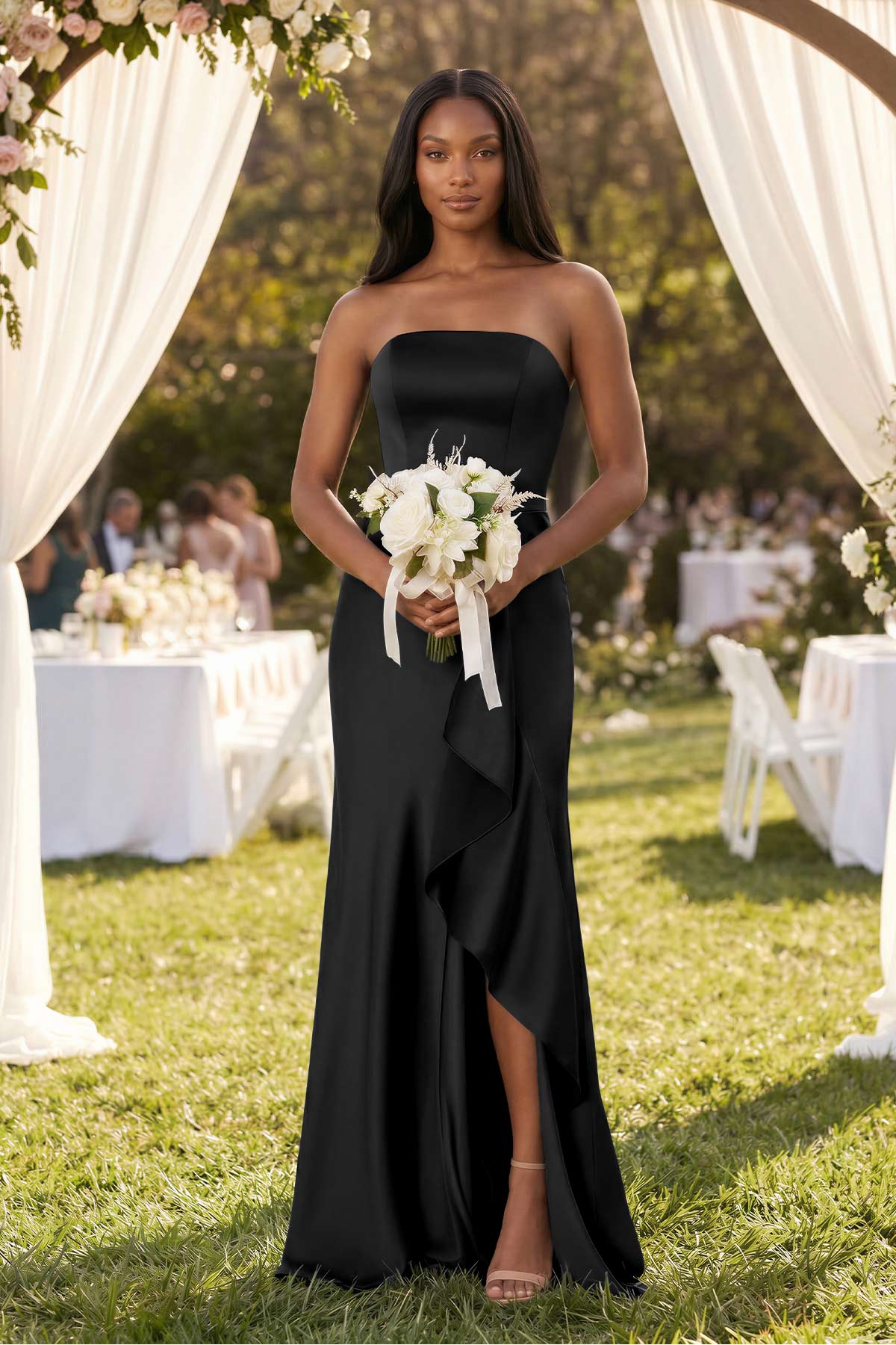 Strapless Ruffled Sheath Satin Bridesmaid Dress in Black - Curvevia