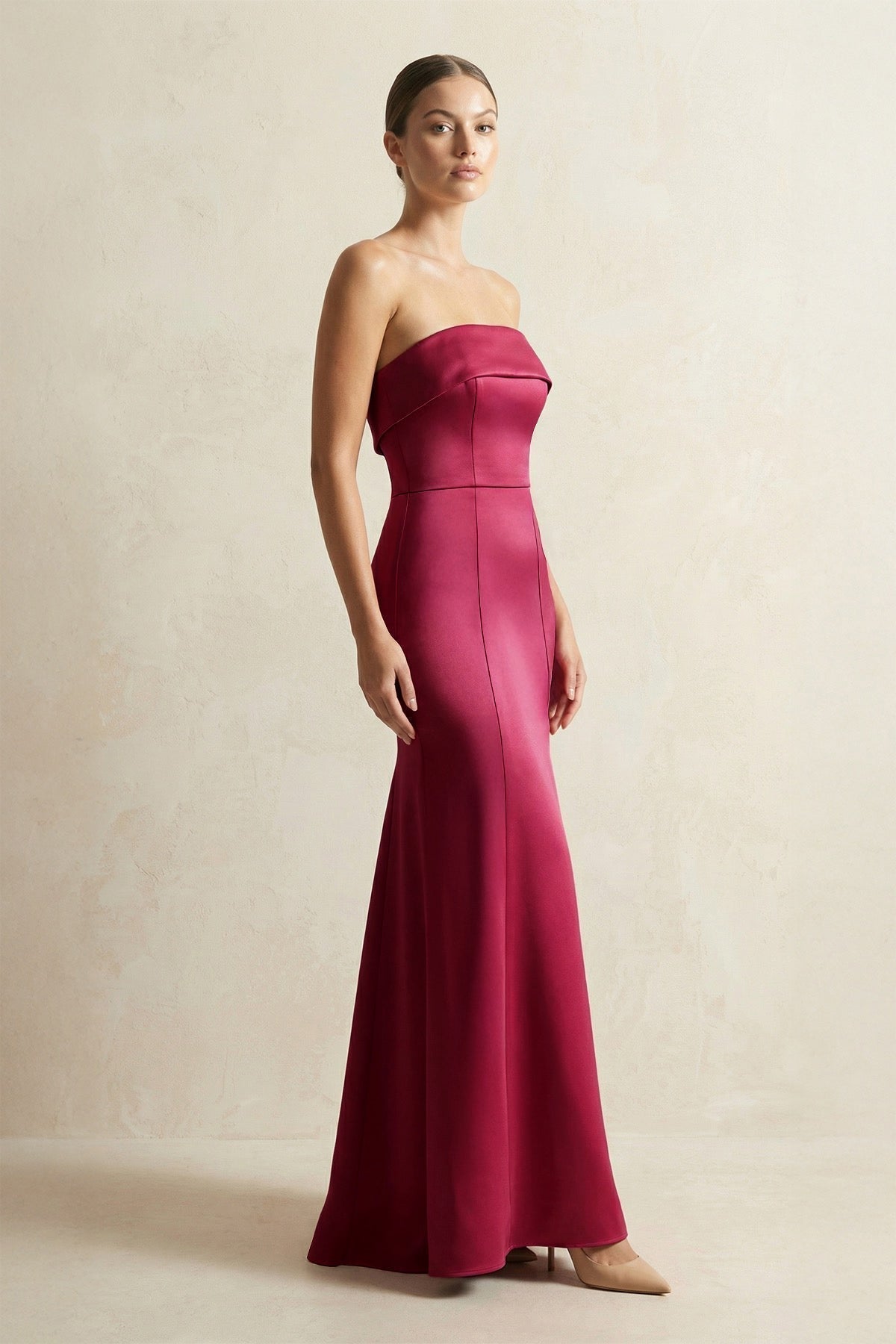 Strapless Satin Mermaid Bridesmaid Dress in Burgundy - Curvevia