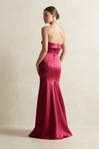 Strapless Satin Mermaid Bridesmaid Dress in Burgundy - Curvevia