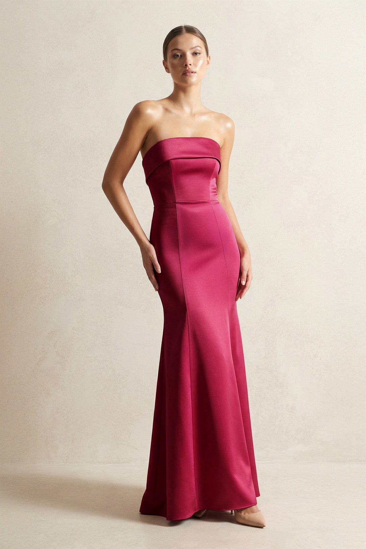 Strapless Satin Mermaid Bridesmaid Dress in Burgundy - Curvevia