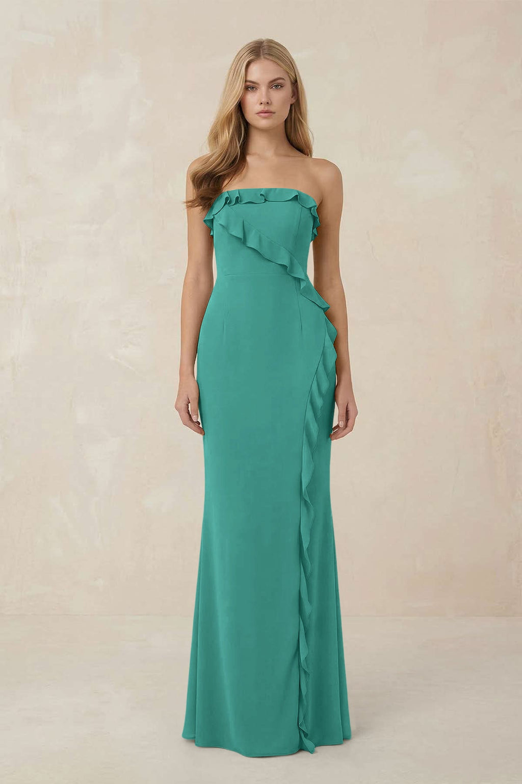 Strapless Ruffled Sheath Bridesmaid Dress in Sea Glass - Curvevia