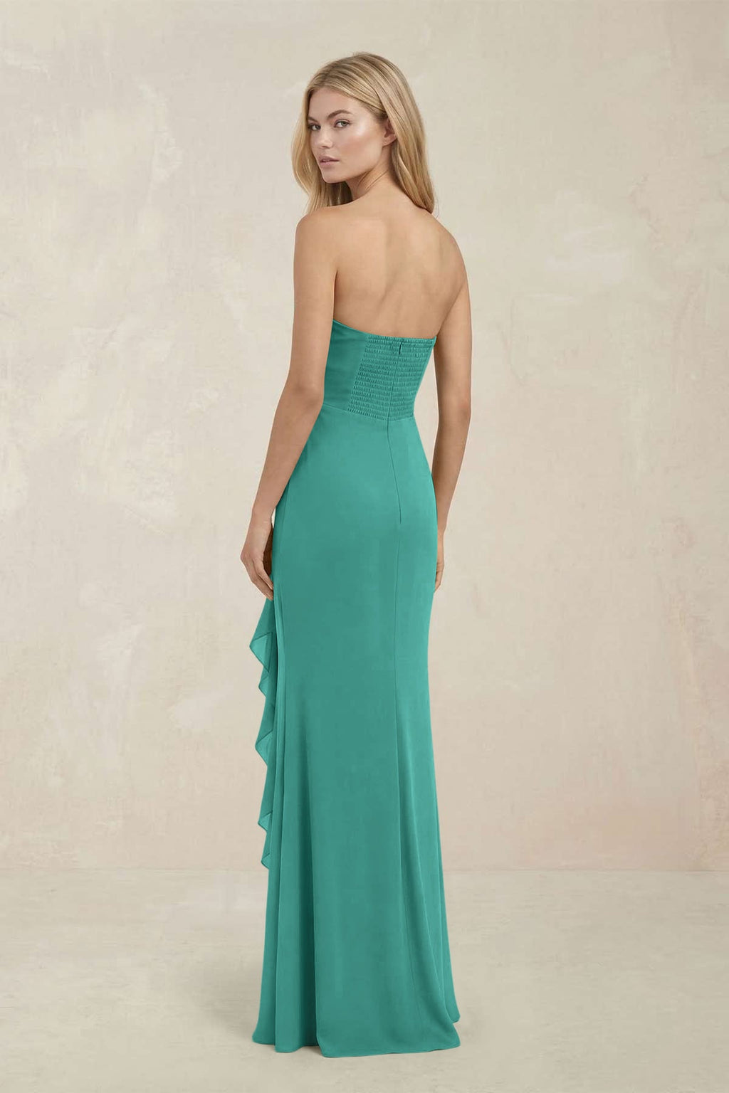 Strapless Ruffled Sheath Bridesmaid Dress in Sea Glass - Curvevia