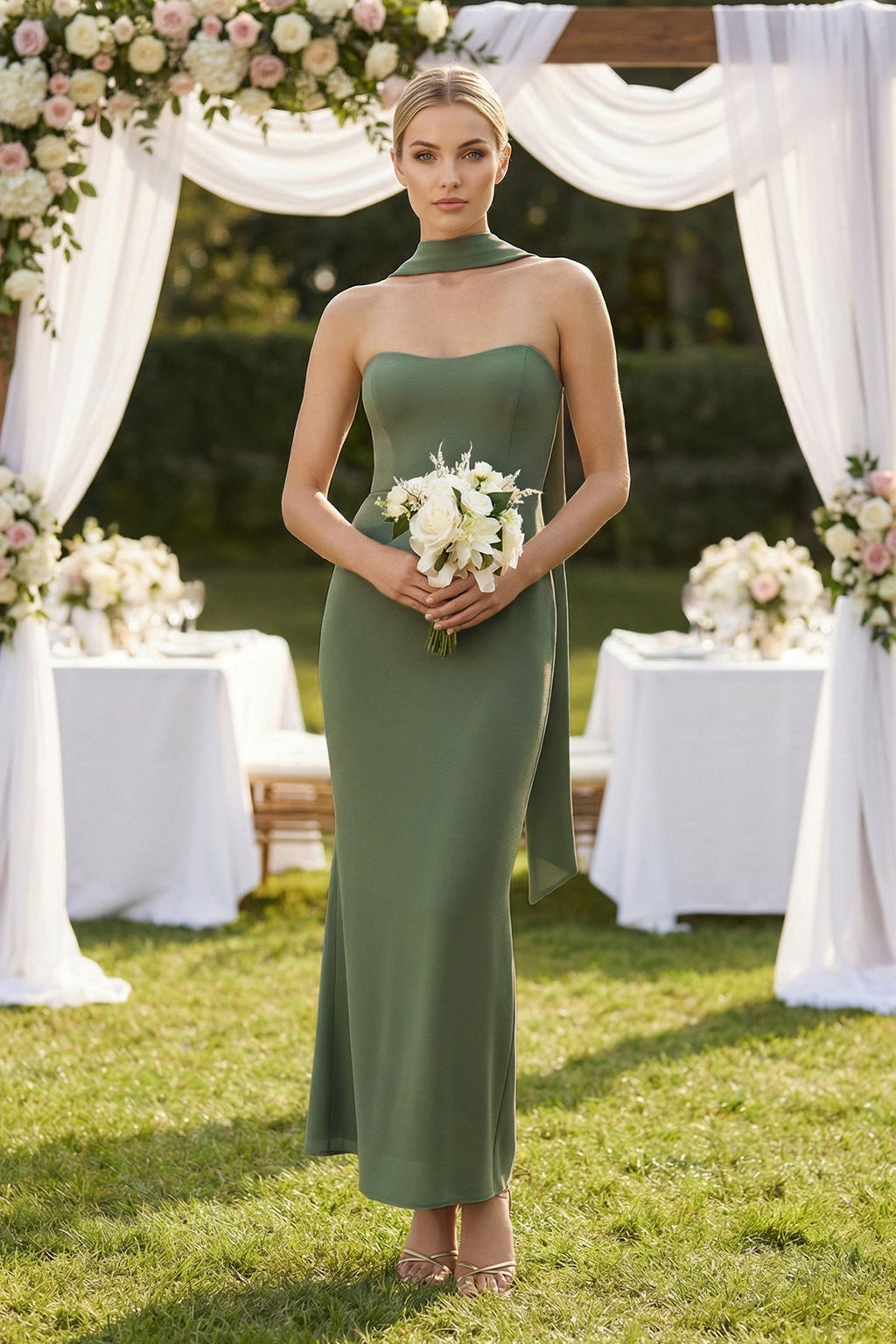 Strapless Sheath Midi Bridesmaid Dress With Ribbon in Thyme - Curvevia