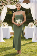 Strapless Sheath Midi Bridesmaid Dress With Ribbon in Thyme - Curvevia