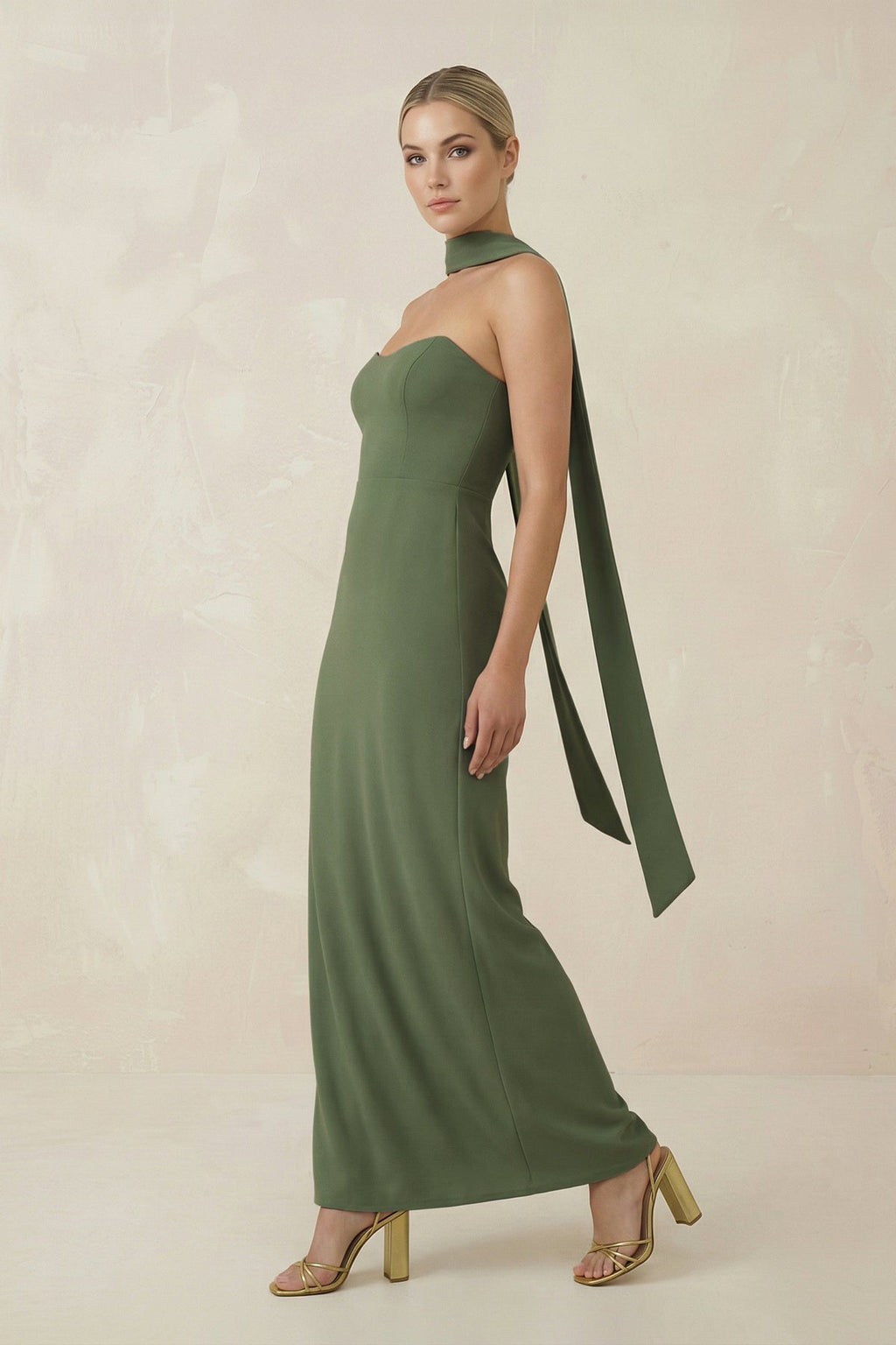 Strapless Sheath Midi Bridesmaid Dress With Ribbon in Thyme - Curvevia